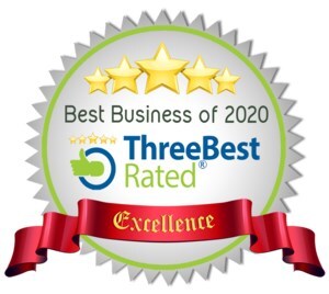 A circular badge displaying "Best Business of 2020" with five gold stars, the ThreeBest Rated logo, and a red ribbon labeled "Excellence.