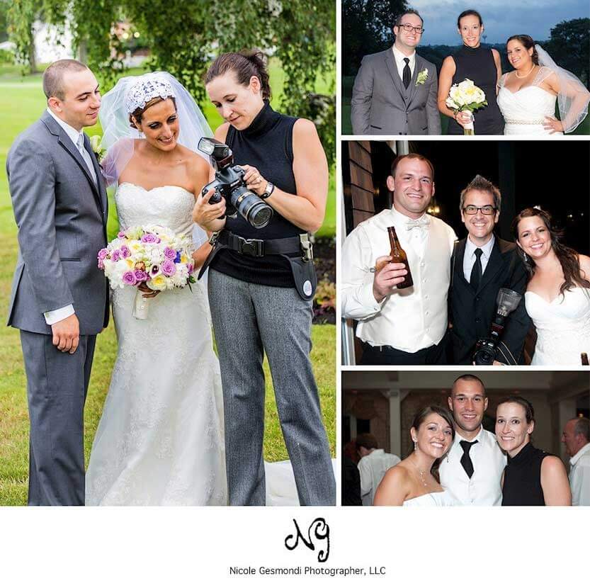 Collage of photos of a wedding photographer with her clients