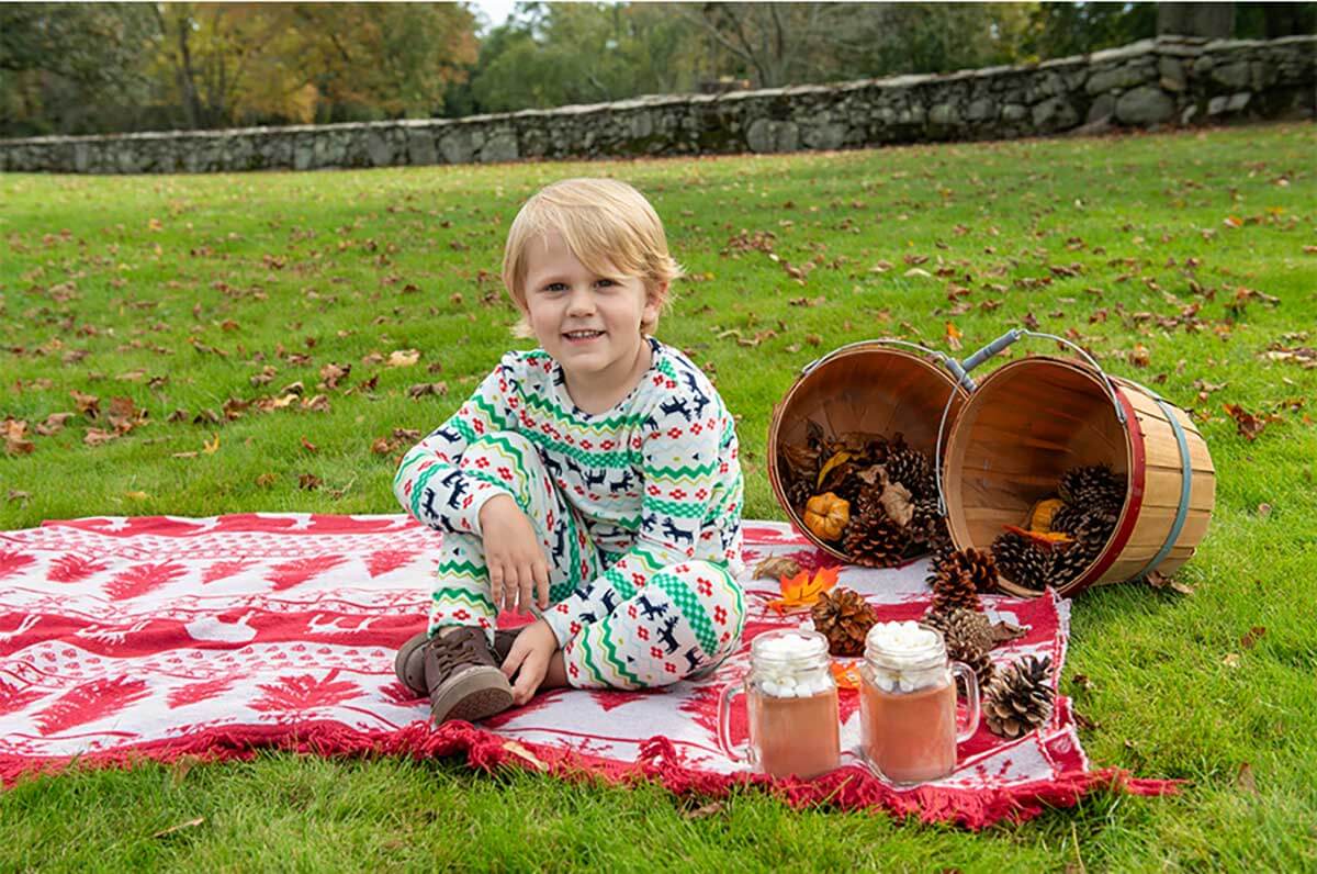 A child in patterned pajamas sits on a red and white blanket on grass with pinecones, apples, and mugs of hot chocolate; two tipped baskets spill items beside him.