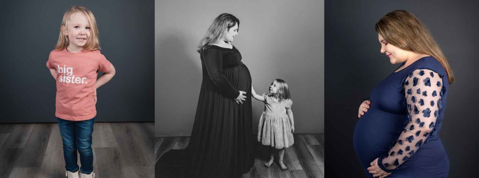 Three-panel image: A young girl in a "big sister" shirt poses, a pregnant woman and girl interact, and a side view of the same pregnant woman cradling her belly.