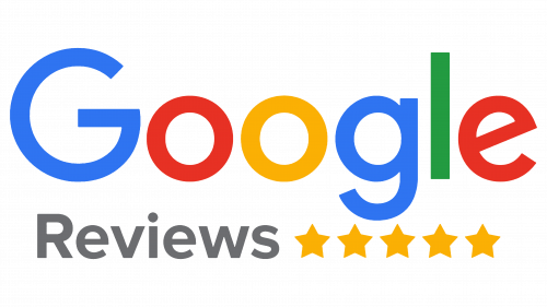 Google Reviews logo with the Google name in colored letters, the word "Reviews" below in gray, and five gold stars underneath representing a high rating.