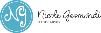 Logo for Nicole Gesmondi Photographer, featuring a blue circle with white "NG" initials and cursive black text spelling the name, with "PHOTOGRAPHER" in uppercase below.