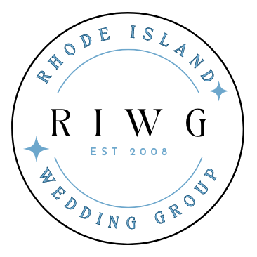 Circular logo with blue text reading "Rhode Island Wedding Group," "RIWG" in the center, "EST 2008" below, and three blue four-point stars.