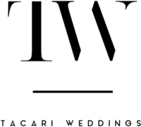 tacari-weddings-logo Black and white logo featuring large initials "TW" above a horizontal line, with the text "TACARI WEDDINGS" in uppercase below the line.