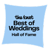 A blue badge with the text "the knot Best of Weddings Hall of Fame" in black letters.