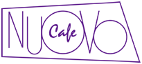 Logo for Nuovo Cafe with stylized purple text inside an irregular quadrilateral outline.