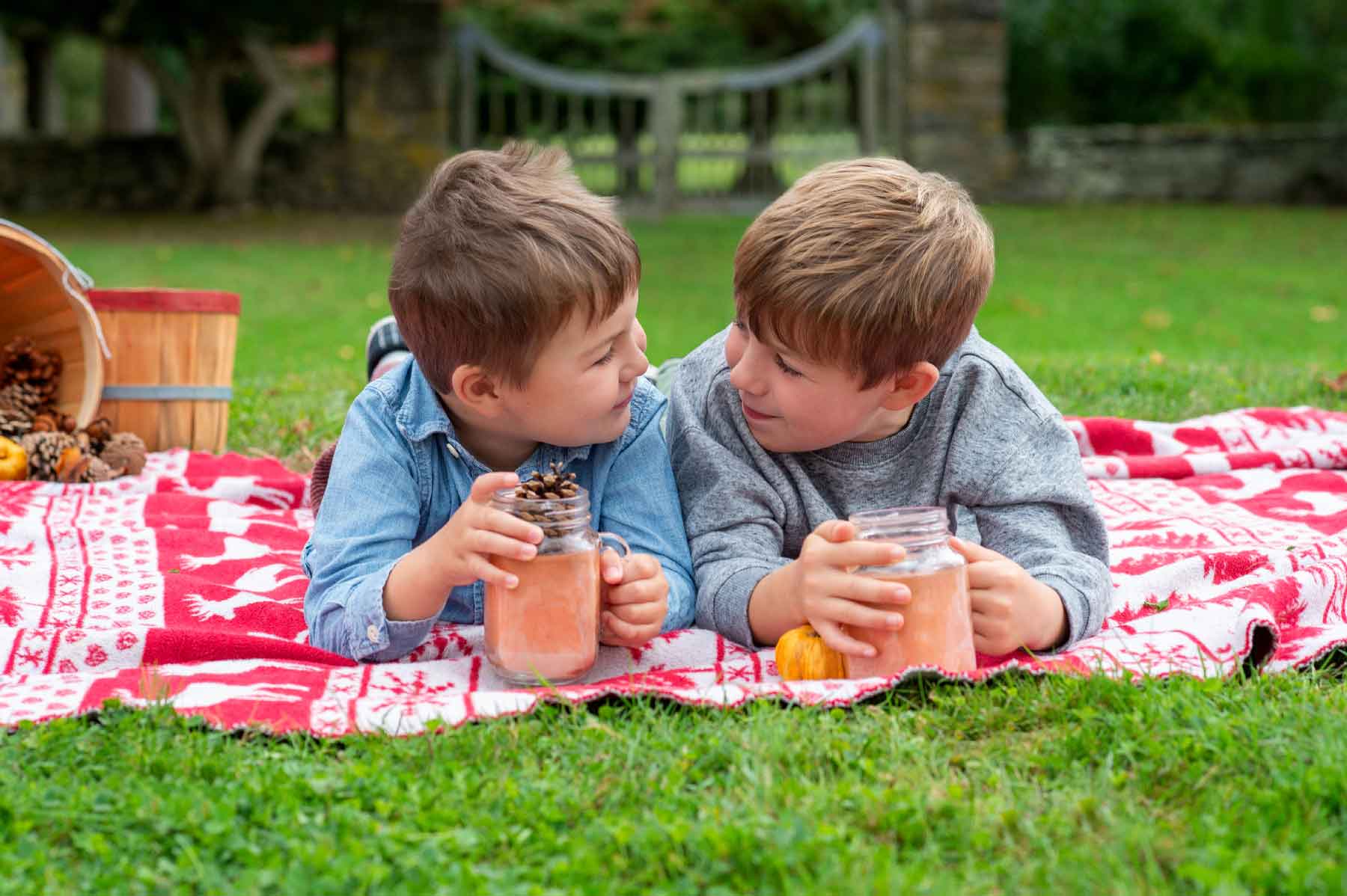 Two young boys lie on a red patterned blanket outdoors, holding jars of juice and looking at each other, with a basket of pinecones nearby.
