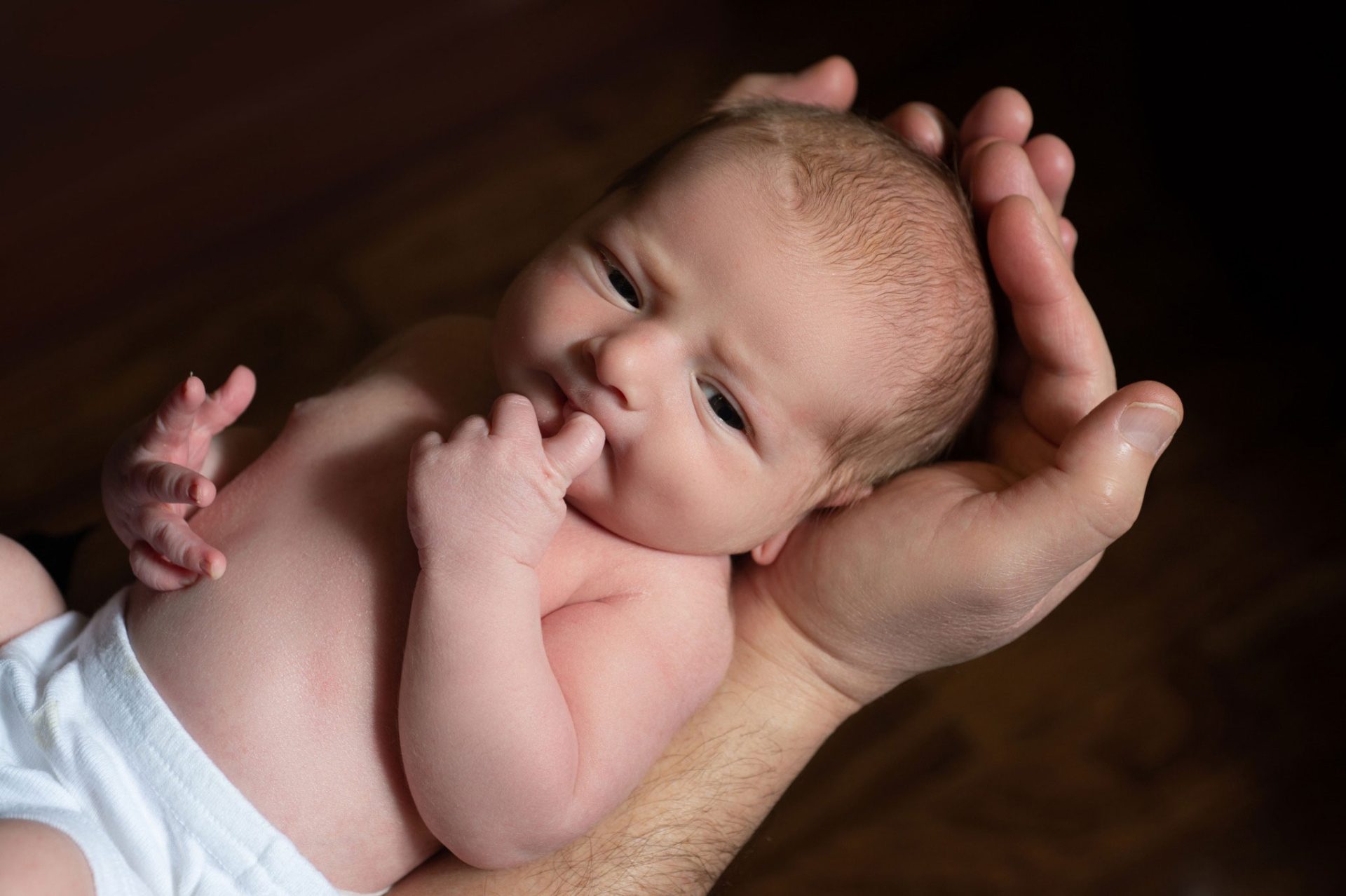 newborn-baby-in-cloth-diaper A newborn baby wearing a diaper is held gently in an adult's hand, with the baby sucking on their fingers and looking up.