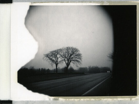 nicole gesmondi fine art photography Polaroid tree Black and white photo of two leafless trees by a road, with partial damage or overexposure at the image’s left and upper edges.