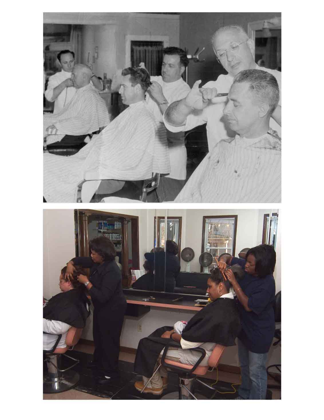 special-projects-now-and-then-Evay-Tager Two barbershop scenes: the top image shows men getting haircuts in a vintage barbershop; the bottom image shows women getting their hair styled in a modern salon.