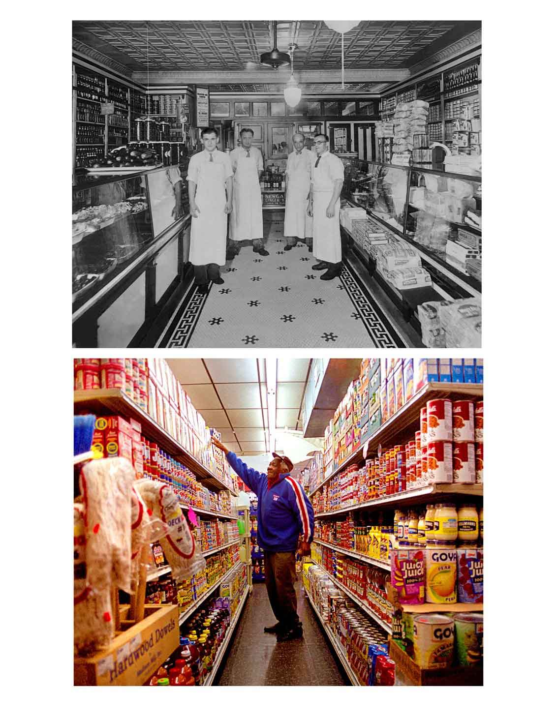 special-projects-now-and-then-Platts-Albany-Grocer Top: Black-and-white photo of four people standing behind a counter in an old-fashioned grocery store. Bottom: Color photo of a person shopping in a modern supermarket aisle.