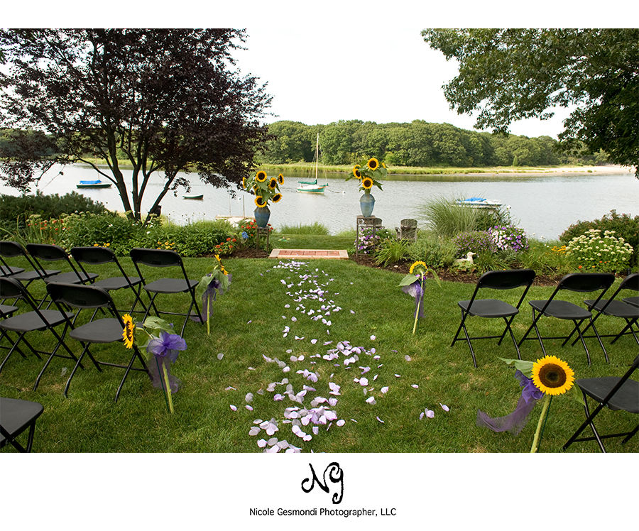 small backyard wedding ceremony ri backyard ceremony set-up in Warwick, RI on the water