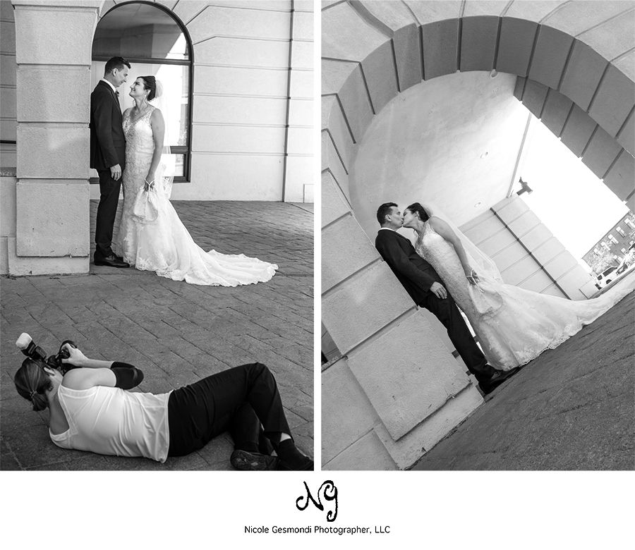 black and white photos of a female wedding photographer taking photos