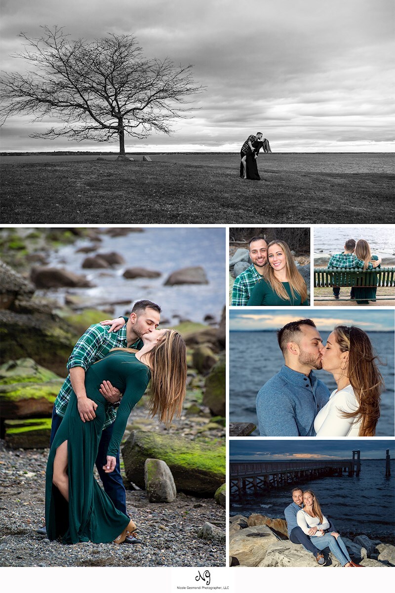 collage of sunset engagement photos taken at Colt State Park in Bristol RI