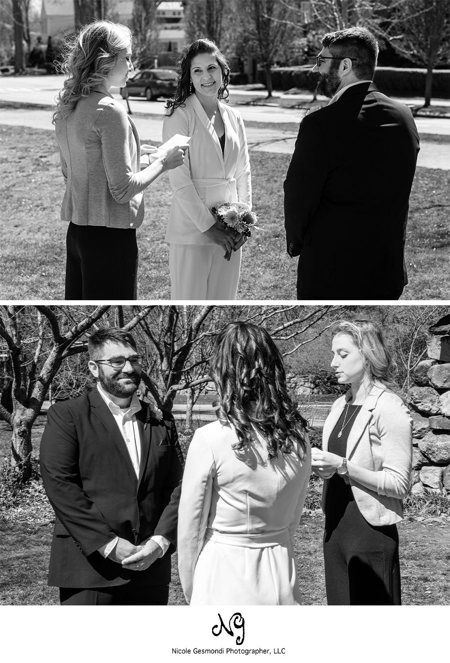 black and white wedding ceremony photo of bride and groom