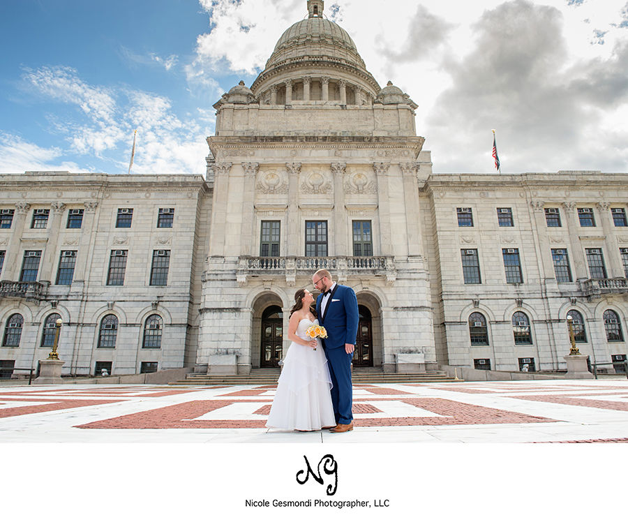 bride and groom in front of RI State House bride and groom in front of RI State House
