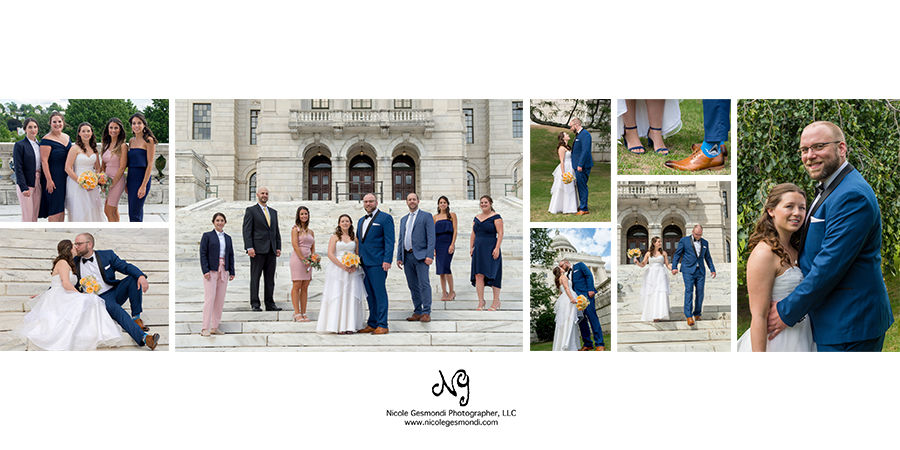bride and groom in front of RI State House wedding party in front of RI State House