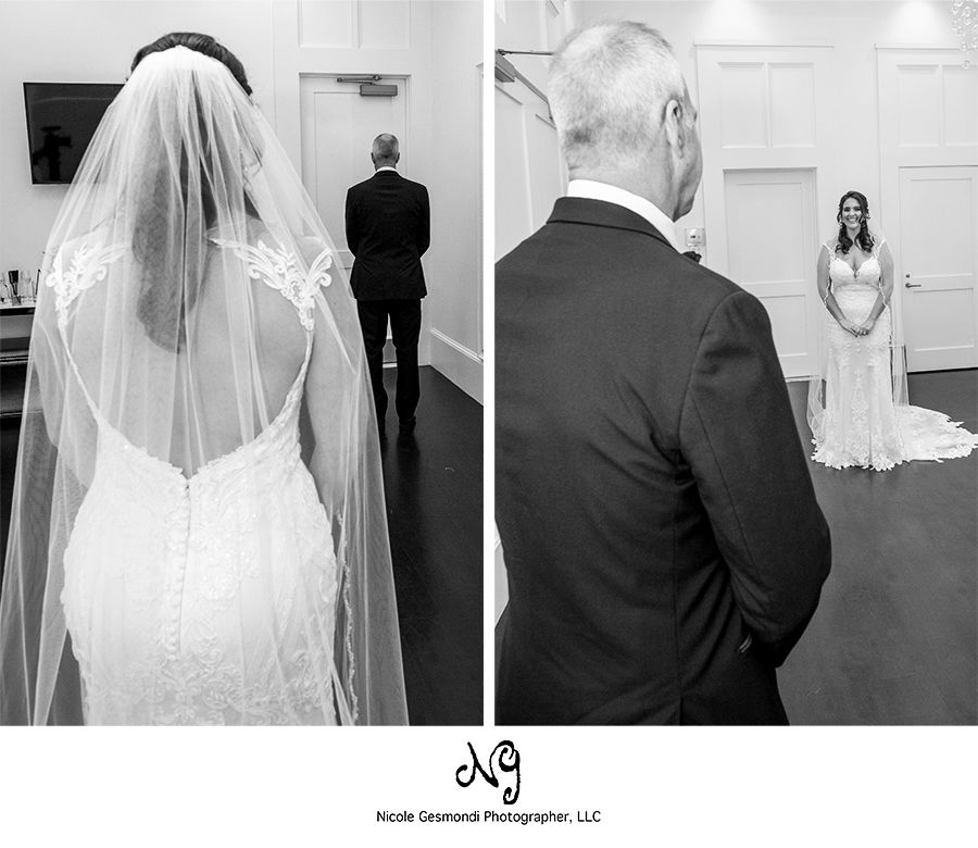 black and white father daughter first look wedding day photos