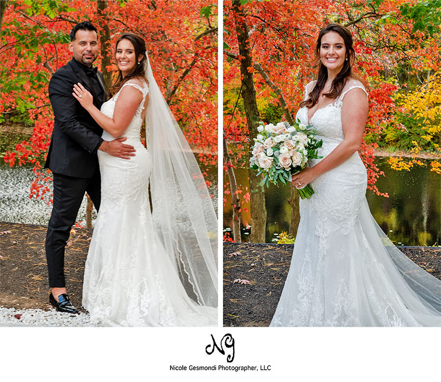 fall foliage wedding portrait of bride and groom at Lakeview Pavilion