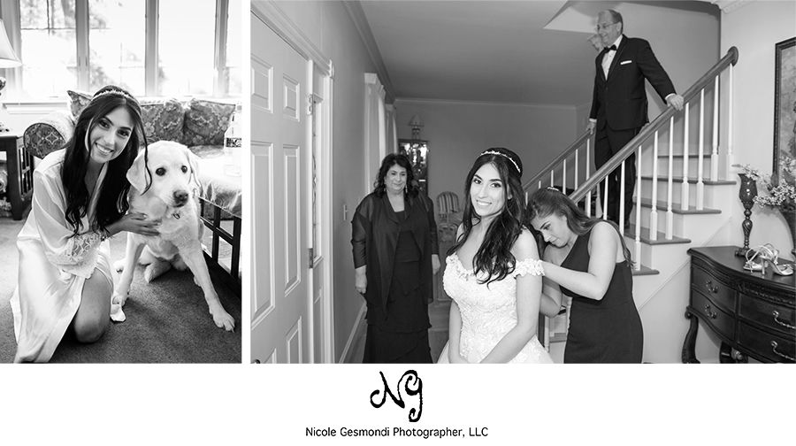 Bride getting into her wedding dress getting ready wedding photos with the bride