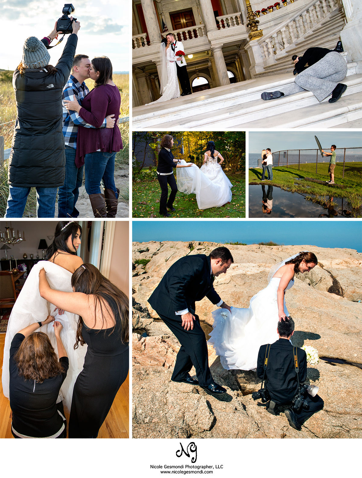 Collage of photos of a wedding photographer in action