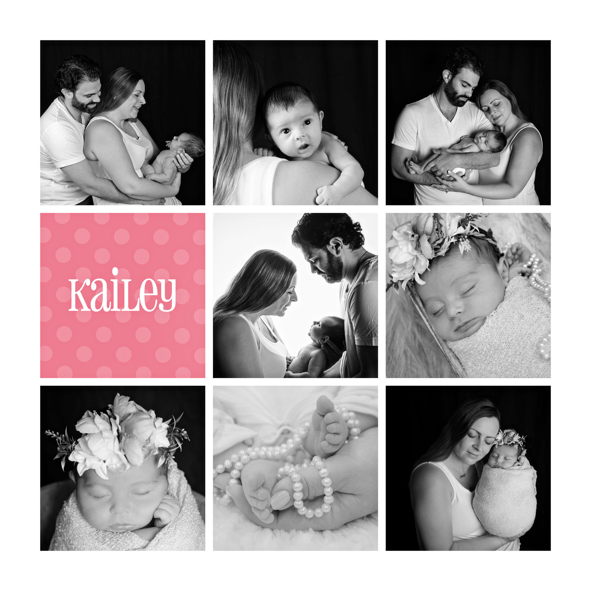 collage of back and white newborn portraits in studio
